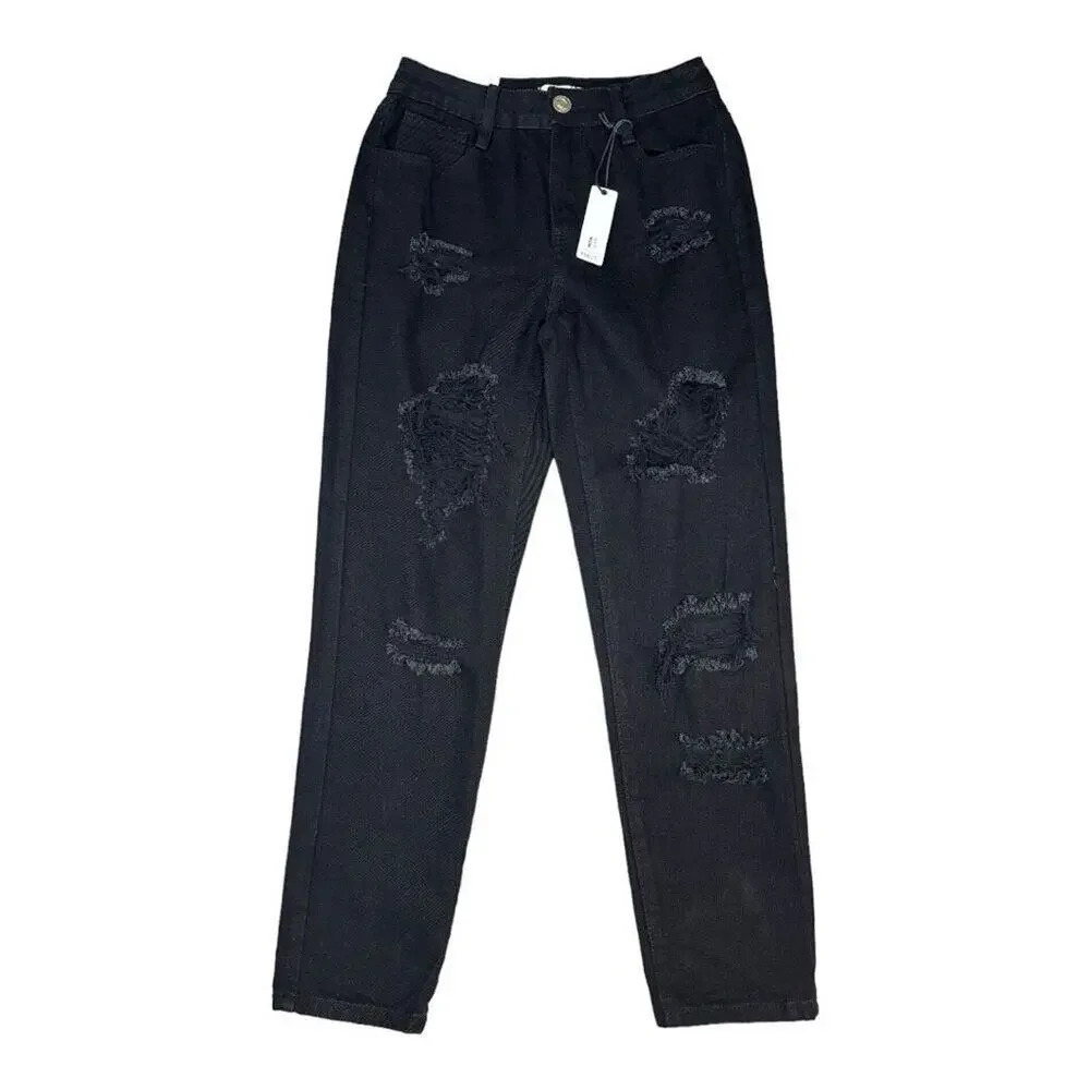 NEW‎ RUE 21 Size 2 Black High Rise Ripped Mom Jeans NWT